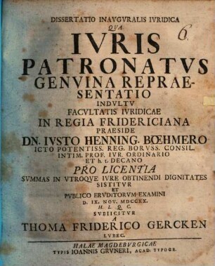 Dissertatio Inavgvralis Ivridica Qva Ivris Patronatvs Genvina Repraesentatio