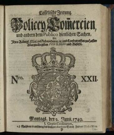 Nro. XXII, Montags, den 2. Junii 1749