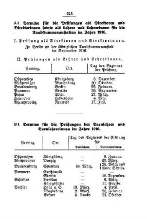 Termine für die Prüfungen der Turnlehrer und Turnlehrerinnen im Jahre 1916