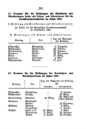 Termine für die Prüfungen der Turnlehrer und Turnlehrerinnen im Jahre 1916