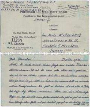 Handgeschriebene Vordruck-Postkarte aus einem Kriegsgefangenenlager in den USA