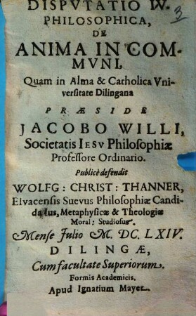 Dispvtatio IV. Philosophica, De Anima In Commvni