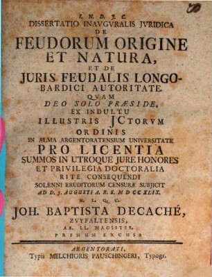 Diss. inaug. iur. de feudorum origine et natura, et de iuris feudalis Longobardici autoritate