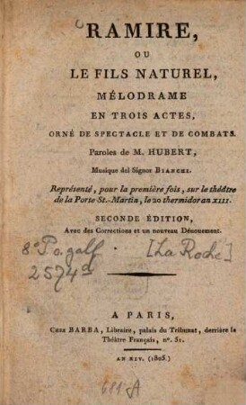 Ramire ou le fils naturel : mélodrame en trois actes, orné de spectacle et de combats