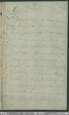 Eigenh. Brief mit Nachschrift von Julie Schlegel von Johann Carl Fürchtegott Schlegel an August Wilhelm von Schlegel, Hannover, 13.08.1795