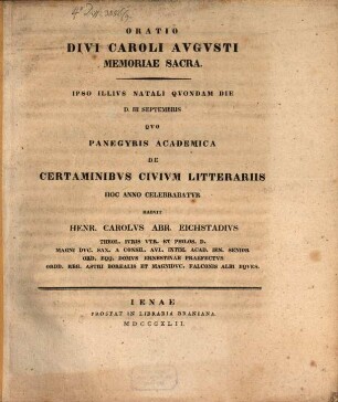 Oratio Divi Caroli Avgvsti Memoriae Sacra