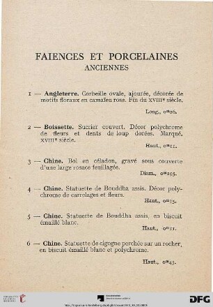 Faiences et Porcelaines (Nr. 1-34)