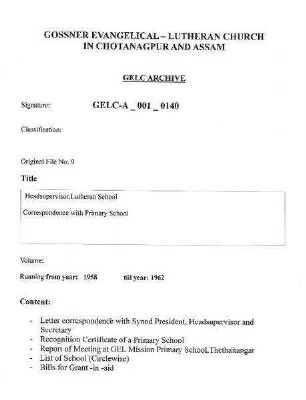 Headsupervisor, Lutheran Schools, Correspondence with Primary School
