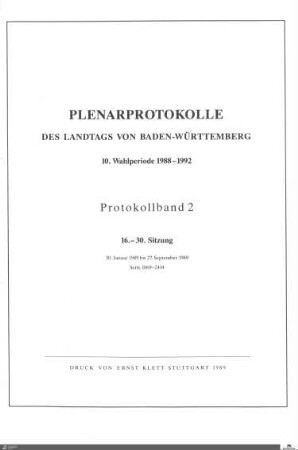 60: Landtag Baden-Württemberg, Protokolle, 1989, Bd. 2