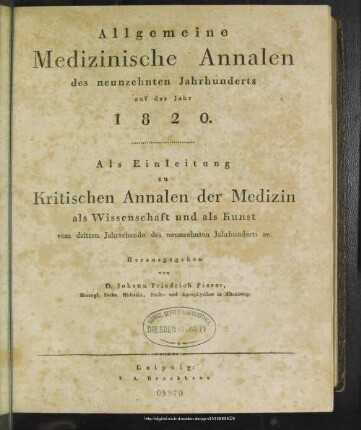 1820: Allgemeine medizinische Annalen des neunzehnten Jahrhunderts