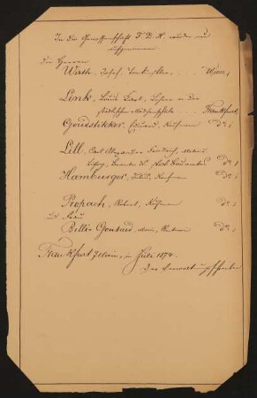 Liste "In die Genossenschaft des Freien Deutschen Hochstiftes wurden neu aufgenommen" (07.1874)
