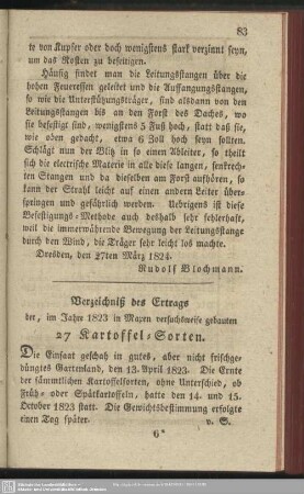 Verzeichnis des Ertrags der, im Jahre 1823 in Maxen versuchsweise gebeuten 27 Kartoffel-Sorten
