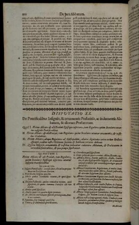 Disputatio XX. De Pontificalibus Insigniis, & ornamentis Prælatitiis, ac indumentis Abbatum, & aliorum Prælatorum.
