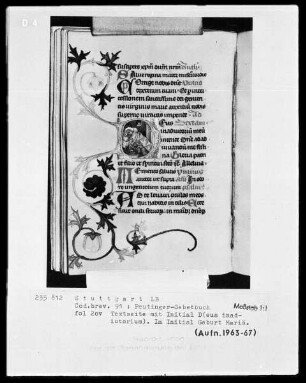 Gebetbuch des Konrad Peutinger — Initiale D (eus in adiutorium), darin die Geburt Mariens, Folio 20verso