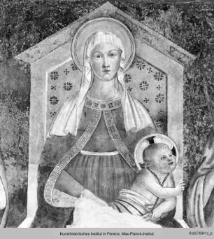 Thronende Madonna mit Christuskind, das einen Rosenkranz hält, und den Heiligen Viktor und Franz von Assisi