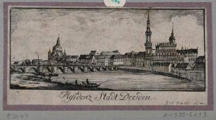 Stadtansicht von Dresden, Blick von Nordwesten vom Neustädter Ufer über die Elbe auf Augustusbrücke und Altstadt