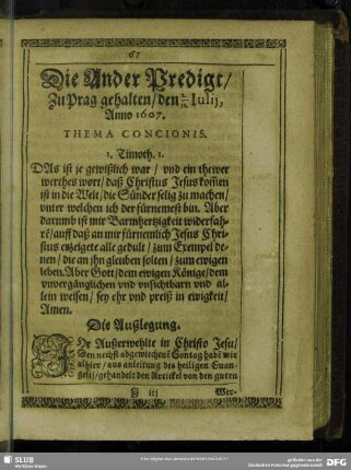 Die Ander Predigt, Zu Prag gehalten, den I./ II. Julij, Anno 1607