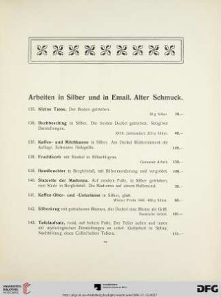 Arbeiten in Silber und in Email. Alter Schmuck (Nr. 135-152)