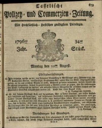 34tes Stueck, Montag den 22ten August 1796