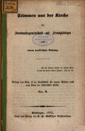Abth. II der Gesellschaft für Innere Mission nach dem Sinn der Lutherischen Kirche, Nro. 9. Abth. II der Gesellschaft für Innere Mission nach dem Sinn der Lutherischen Kirche