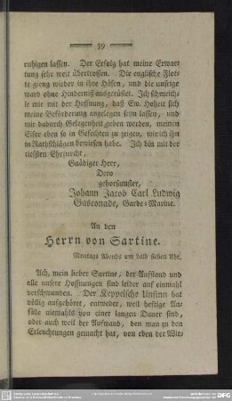 An den Herrn von Sartine. Montags Abends um halb sieben Uhr