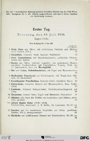 Erster Tag. Dienstag, den 19. Juli 1938. Beginn 3 Uhr (Nr. 1-282)