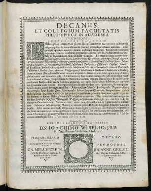 Decanus Et Collegium Facultatis Philosophicae In Academia Tvbingensi , Lectoribus Salutem