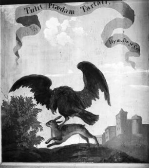 Adler mit Hase : Adler mit Hase. Tafelmalerei (1681/1684?). Biberbach Kreis Augsburg, Pfarr- und Wallfahrtskirche Heiliges Kreuz, Empore