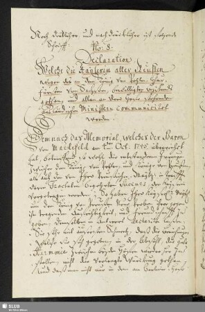 No: 8. Declaration welche die Kayserin aller Reußen wegen des an den König von Pohlen, Churfürsten von Sachßen, bewilligten Beystands gethan, und allen an dero Hofe stehenden ausländischen Ministern communiciret worden.