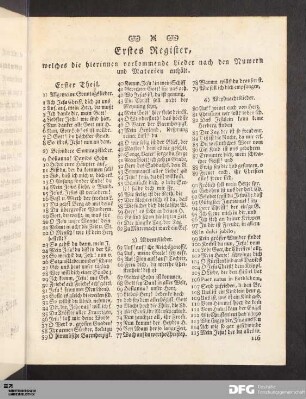 Erstes Register, welches die hierinnen vorkommende Lieder nach den Numern und Materien enthält.
