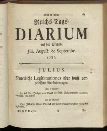 Reichs-Tags-Diarium auf die Monate Jul. August. & Septembr. 1782.