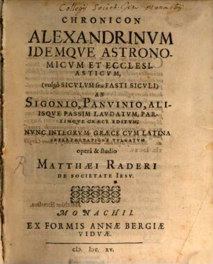 Chronicon Alexandrinum idemque astonomicum et ecclesiasticum