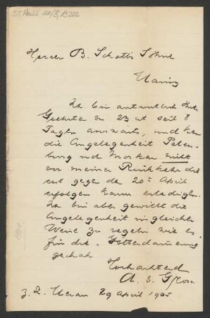 Brief an B. Schott's Söhne : 29.04.1905