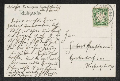 Brief von Felix Hollaender an Gerhart Hauptmann