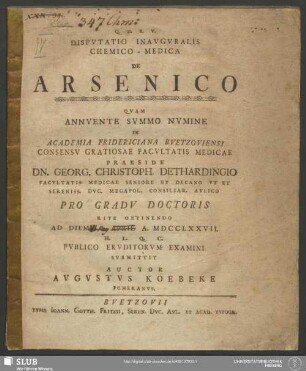 Disputatio Inauguralis Chemico-Medica De arsenico