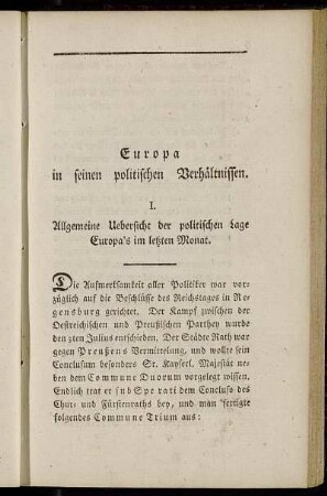 I. Allgemeine Uebersicht der politischen Lage Europa's im letzten Monat