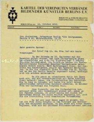 Schreiben des Kartells der Vereinigten Verbände Bildender Künstler Berlins an die Künstlervereinigung "Die Zeitgemäßen" (Die Abstrakten) zu einer Protestaktion gegen die Zensurmaßnahmen in der Großen Berliner Kunstausstellung 1932 - Sachkonvolut