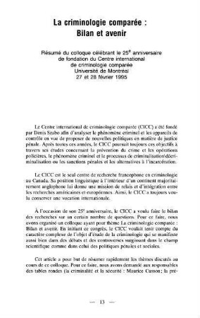13-24, 1. La criminologie comparée: bilan et avenir