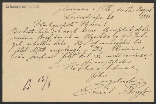 Brief an B. Schott's Söhne : 12.08.1891