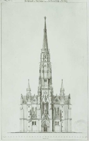 Entwurf für die Nikolaikirche in Hamburg, Aufriß der Turmfront des 4. Projektes
