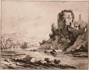 Flußlandschaft mit Ruine eines runden Turmes