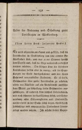 Ueber die Anlegung und Erhaltung guter Landstraßen in Mecklenburg