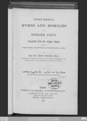 Select metrical hymns and homilies of Ephraem Syrus