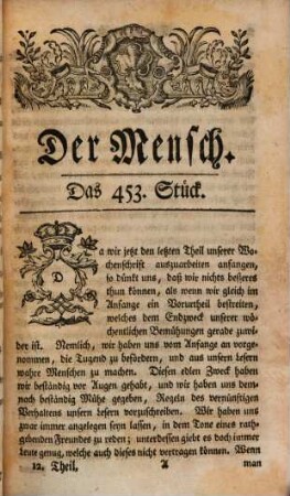 Der Mensch : eine moralische Wochenschrift. 12. 1756