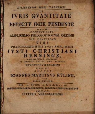 Dissertatio Ivris Natvralis De Ivris Qvantitate Et Effectv Inde Pendente