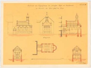 Restaurierung des Schlosses Vagen bei Bruckmühl: Kapellenanbau: Grundriss 1:100, 2 Aufrisse 1:100, 3 Schnitte 1:100