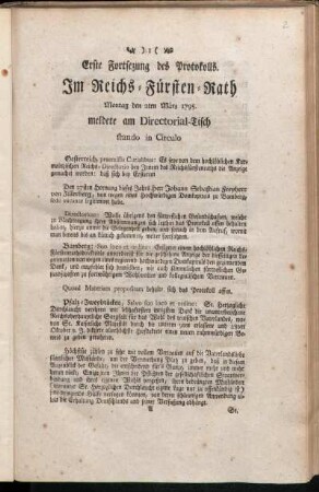 Erste Fortsezung des Protokolls : Im Reichs-Fürsten-Rath Montag den 2ten März 1795. meldete am Directorial-Tisch stando in Circulo