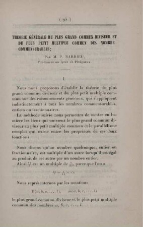Théorie générale du plus grand commun diviseur et du plus petit multiple commun des nombre commensurables.