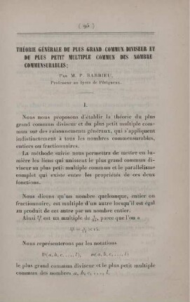 Théorie générale du plus grand commun diviseur et du plus petit multiple commun des nombre commensurables.