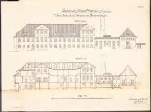 Psychiatrische Klinik der Albertus-Universität Königsberg: Wirtschaftsgebäude mit Leichenhalle und Beamtenwohnhaus: Nordansicht, Schnitt 1:100